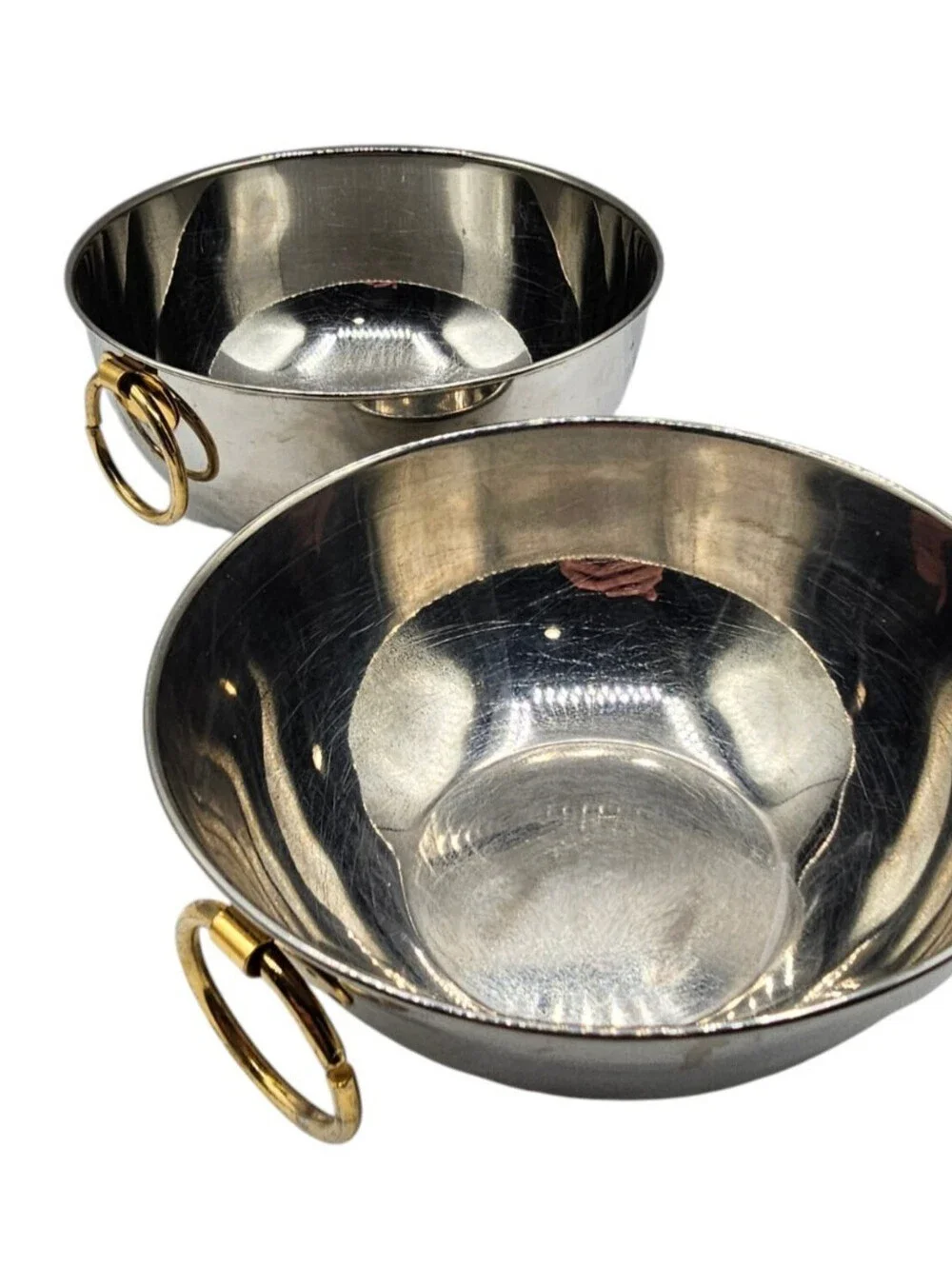 Set of 2 stainless steel kadai-style bowls with brass ring handles